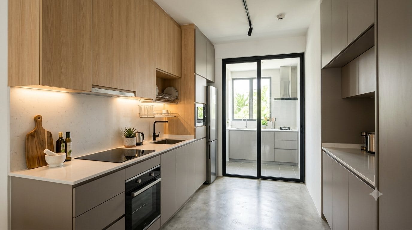 Full kitchen renovation in Kuala Lumpur by The M Renovation, plywood cabinets with laminate finish and quartz worktop