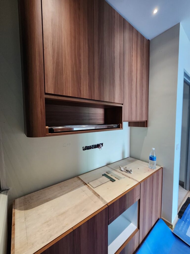 Custom wood-veneer carpentry. Resident Ruby, Sea Park, Petaling Jaya, Selangor.